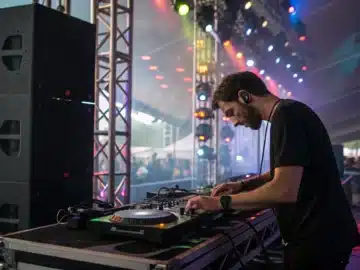 Un DJ concentré sur ses platines, entouré d’enceintes et de lumières.