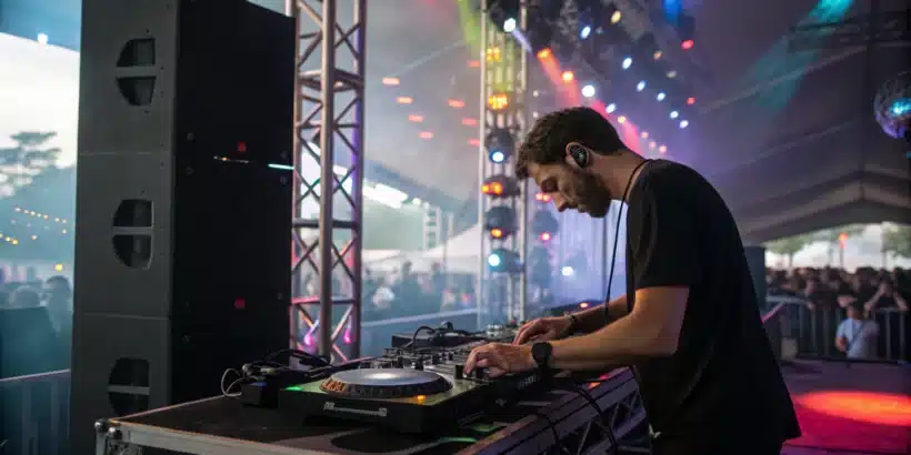 Un DJ concentré sur ses platines, entouré d’enceintes et de lumières.